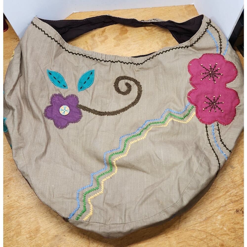 Lucky Brand Floral Embroidered Sling Bag Brown Hobo - Picture 2 of 6